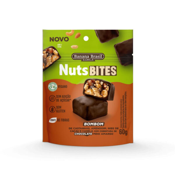 Bombom nuts bites chocolate meio amargo Banana Brasil 60g
