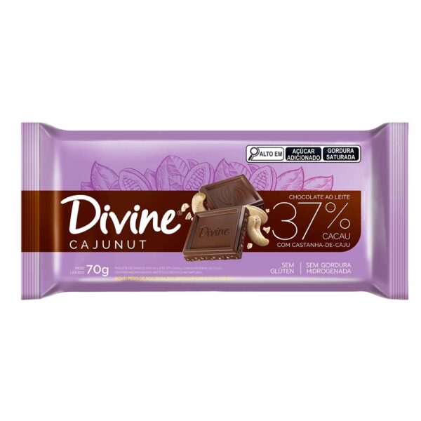 Chocolate ao leite com castanhas de caju cajunut Divine 70g