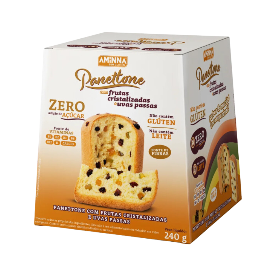 Panetone com uvas passas e frutas cristalizadas sem adição de açúcar Aminna 240g